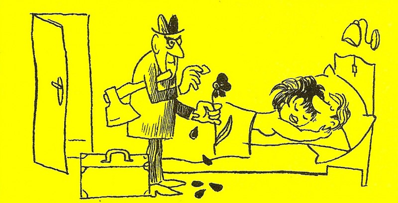 Карикатура про чоловіка та дружину, коханців, подружню невірність, ромашки, сокиру, чорна